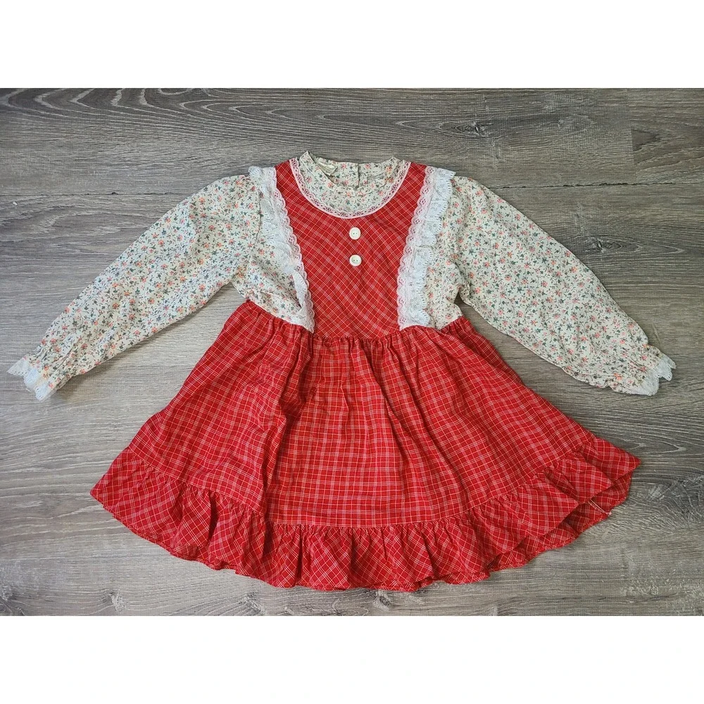 VTG 70s Solos Girl's 5 Prairie Pinafore Dress Lacy Retro Cowgirl Cottagecore