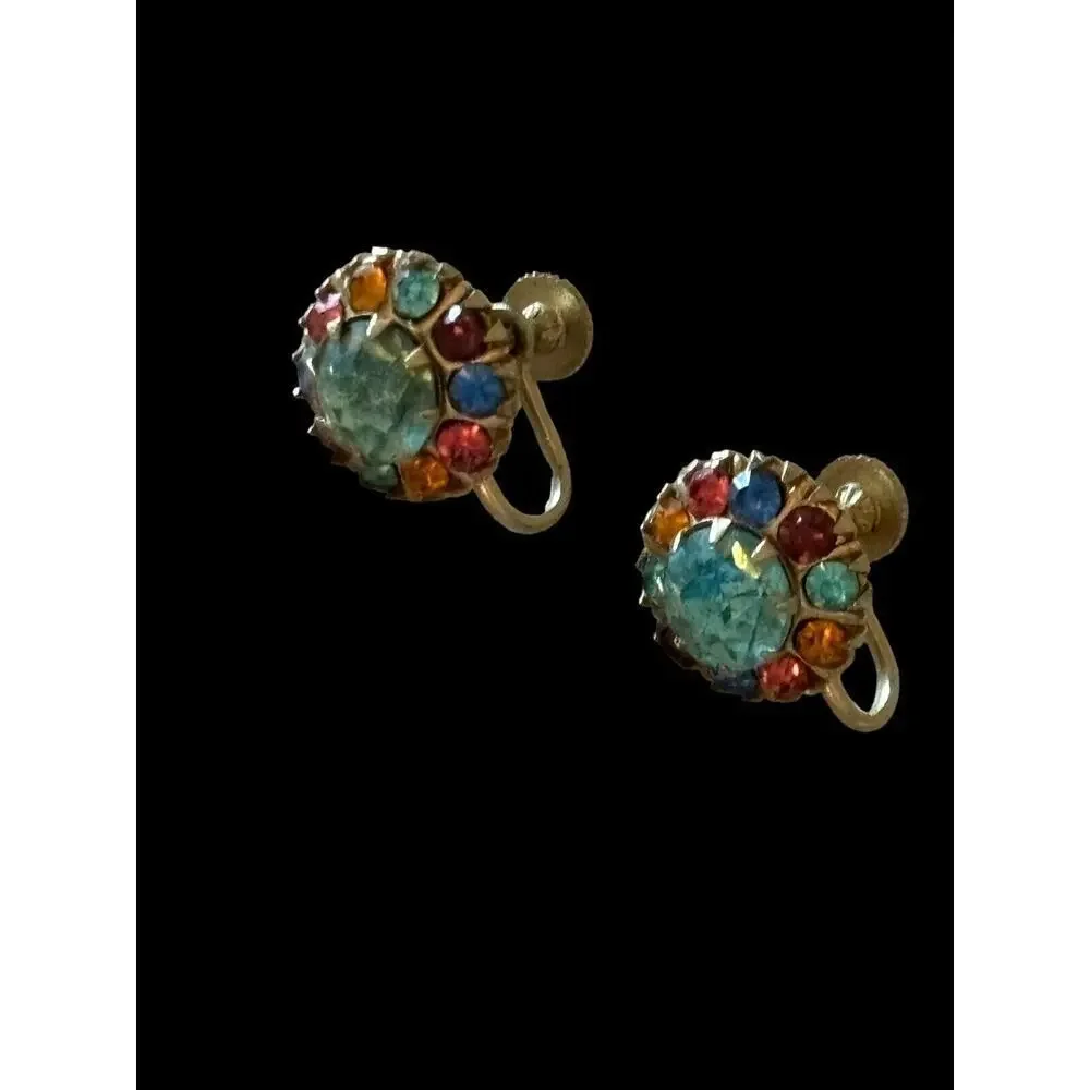 VTG CORO MULTICOLOR RHINESTONE GOLD PRONG SCREW BACK EARRINGS SIGNED