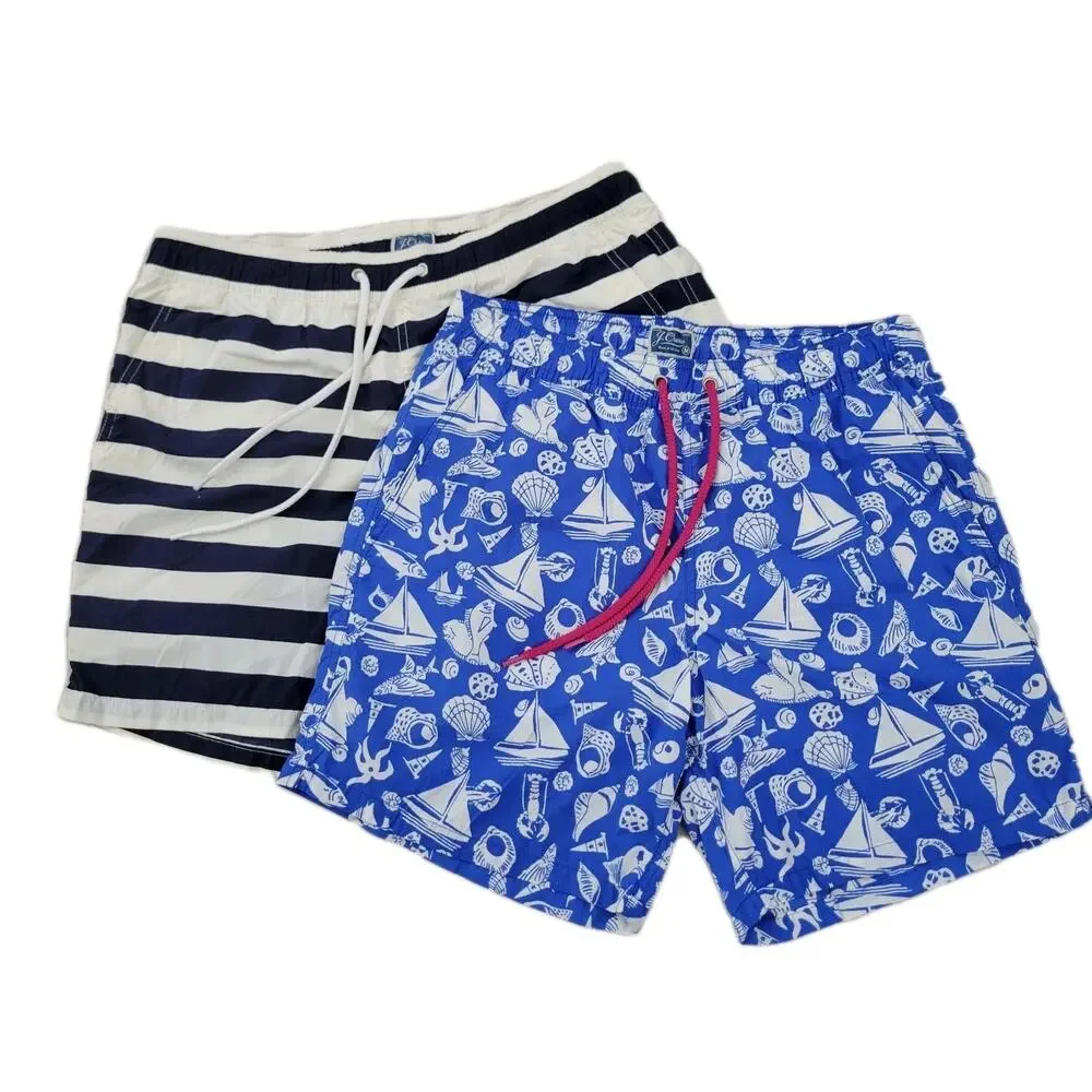 Lot (2) J Crew Swim Trunks Shorts Mens M Navy Blue Striped Mesh Lined Swimsuit