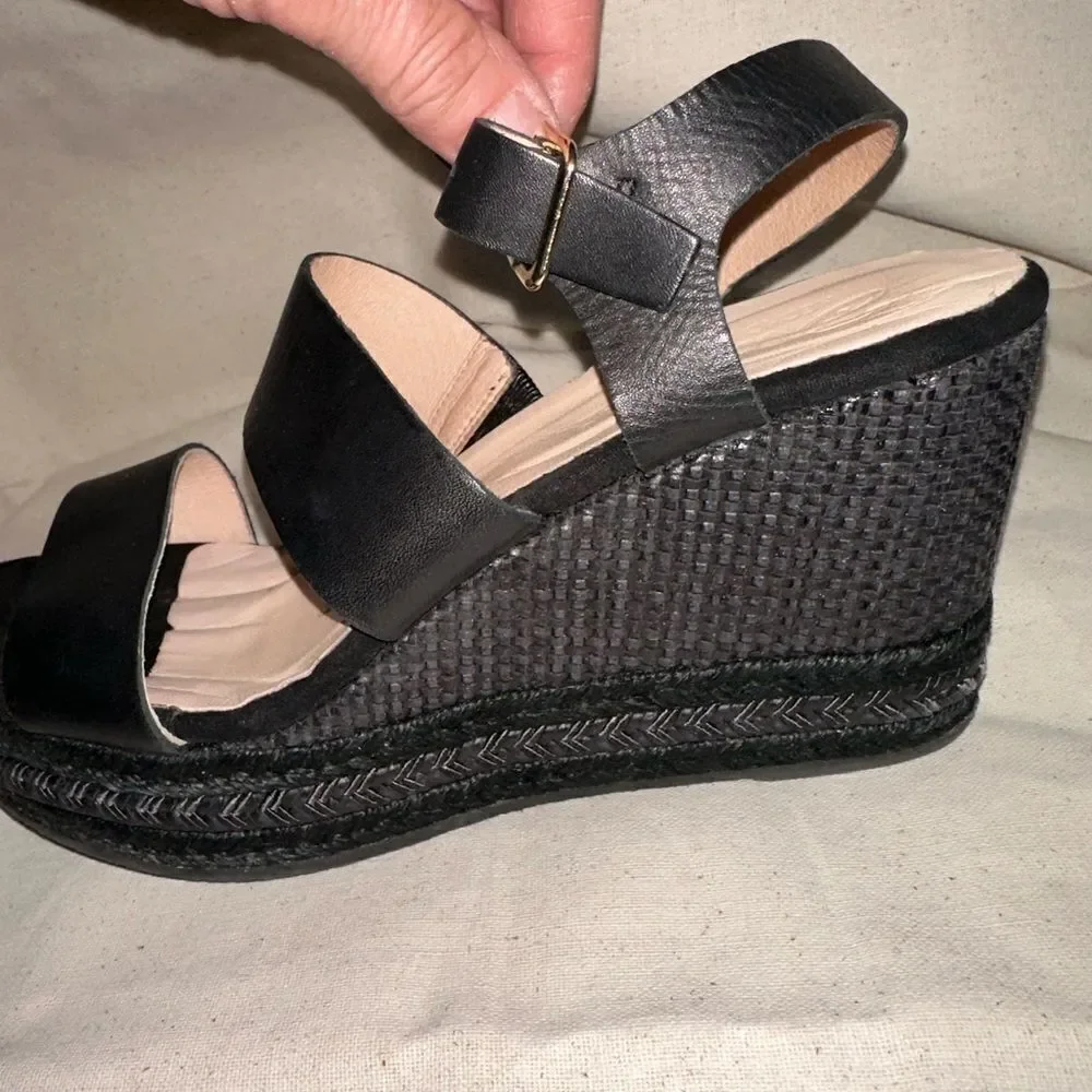 Dione Made in Spain Black Leather Espadrille Wedge Sandals EU39 Stylish & Rare