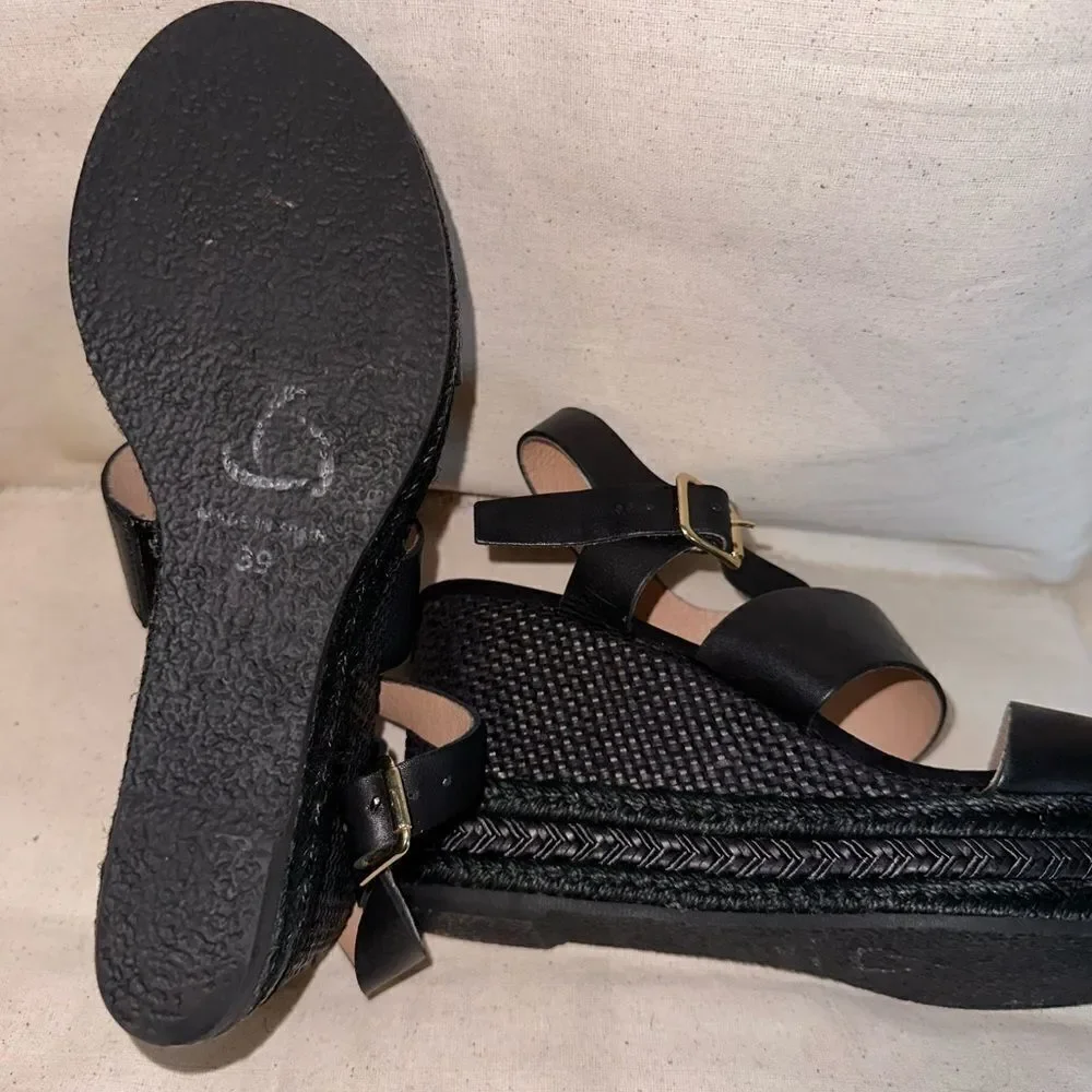 Dione Made in Spain Black Leather Espadrille Wedge Sandals EU39 Stylish & Rare