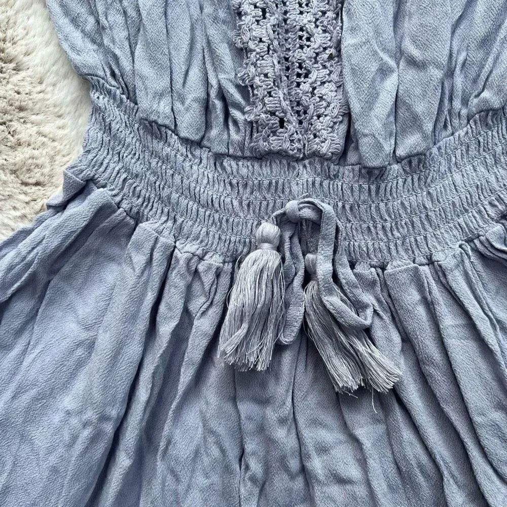 Ocean Drive Mini Dress Off the Shoulder Tassels Smocking Boho Blue size M