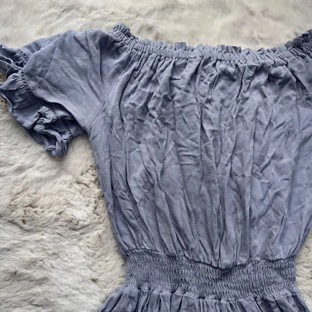 Ocean Drive Mini Dress Off the Shoulder Tassels Smocking Boho Blue size M