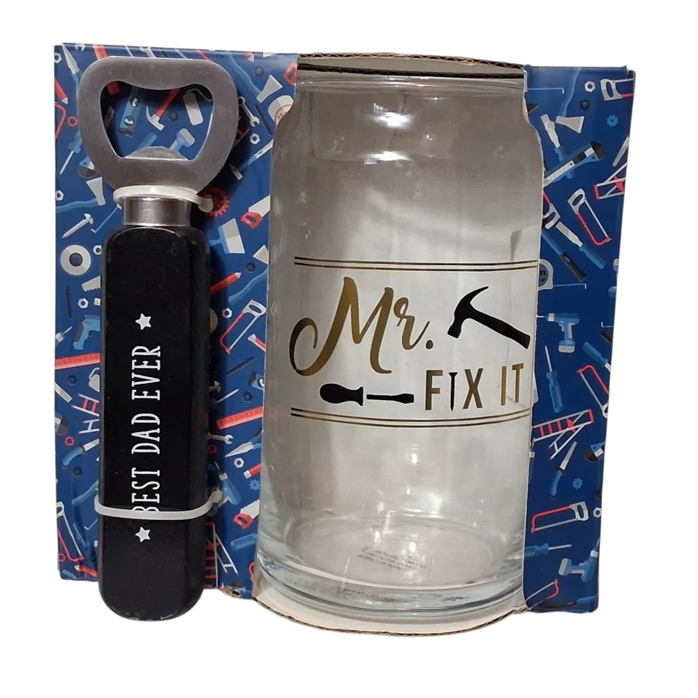 NWT Mr. Fix It Beer Glass & Bottle Opener Set Dad Gift Father's Day Present