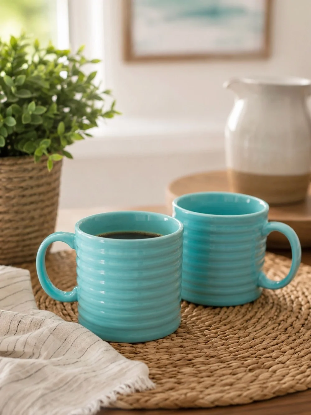 Pier 1 Aqua Turquoise Ribbed Coffee Mugs Set 2 Coastal Cottage