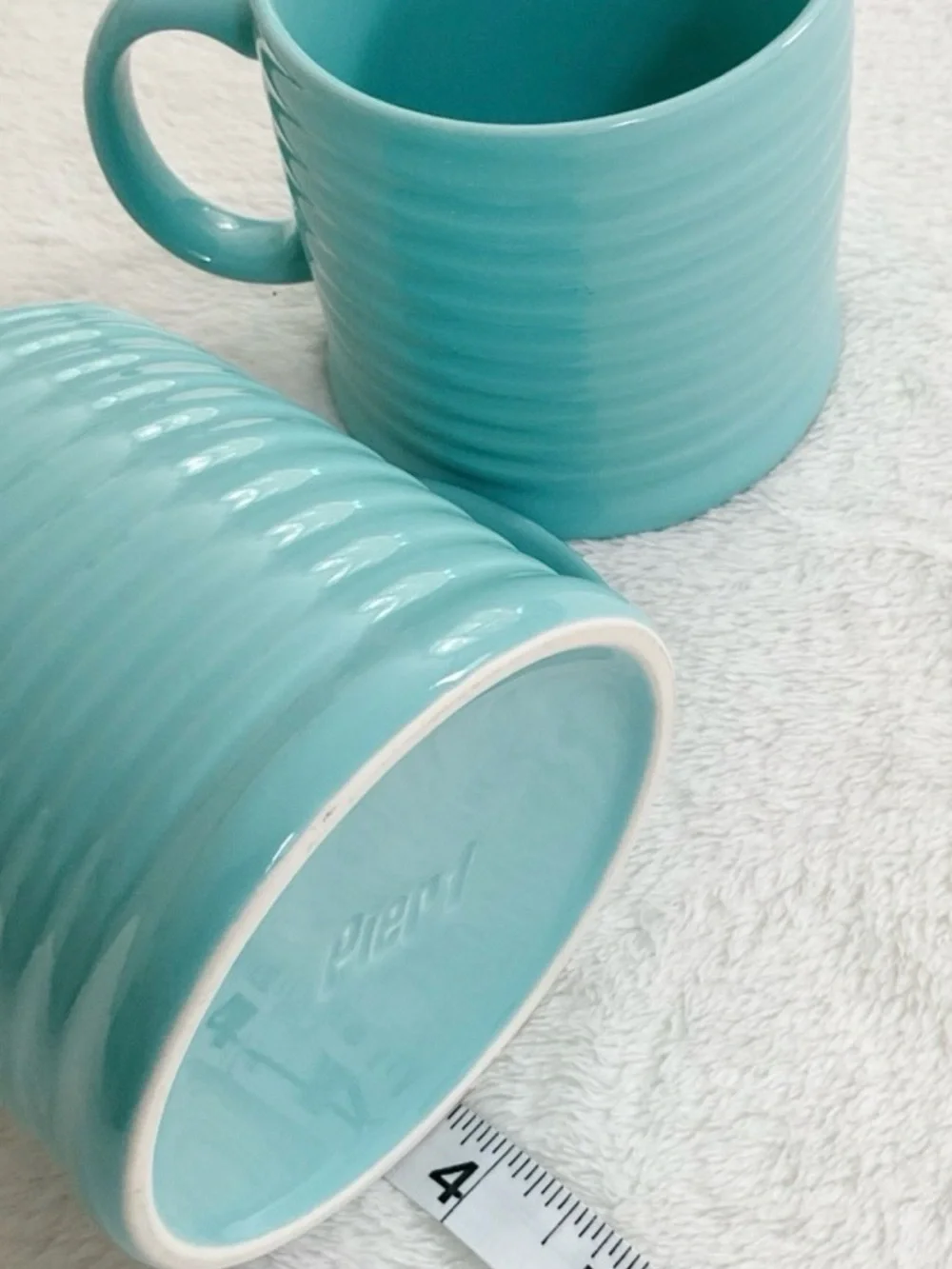 Pier 1 Aqua Turquoise Ribbed Coffee Mugs Set 2 Coastal Cottage