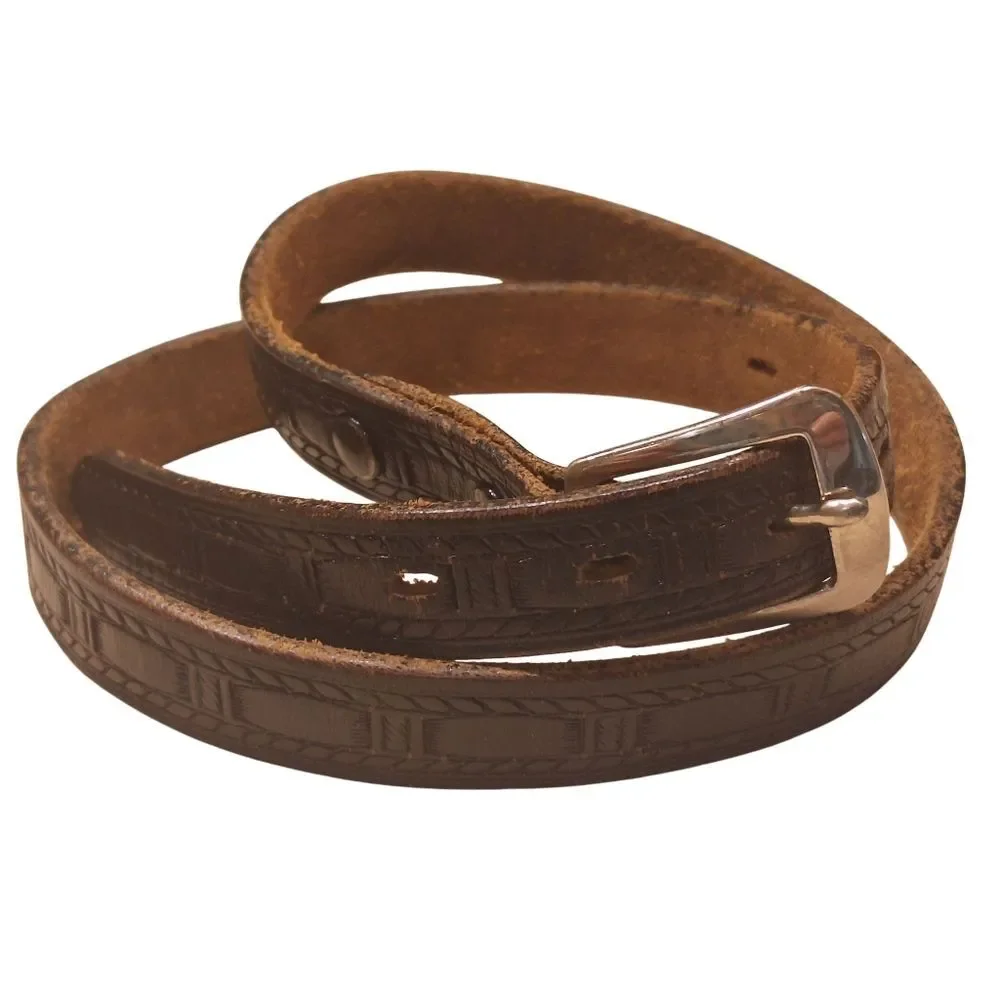 Vintage Leather Tooled Skinny Belt XS-S Basket Weave Western Pattern Black