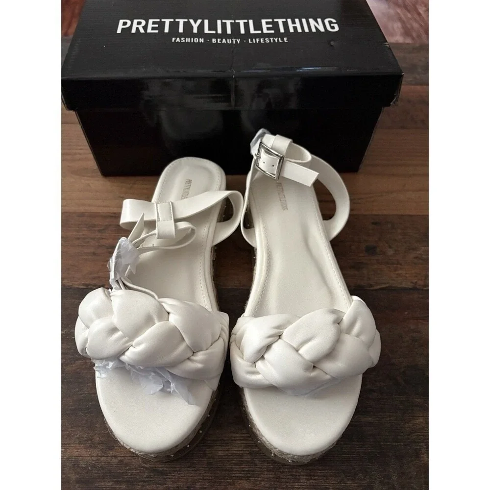 PrettyLittleThing White PU Plait Detail Strappy Espadrille Sandals‎ Size 8 NEW
