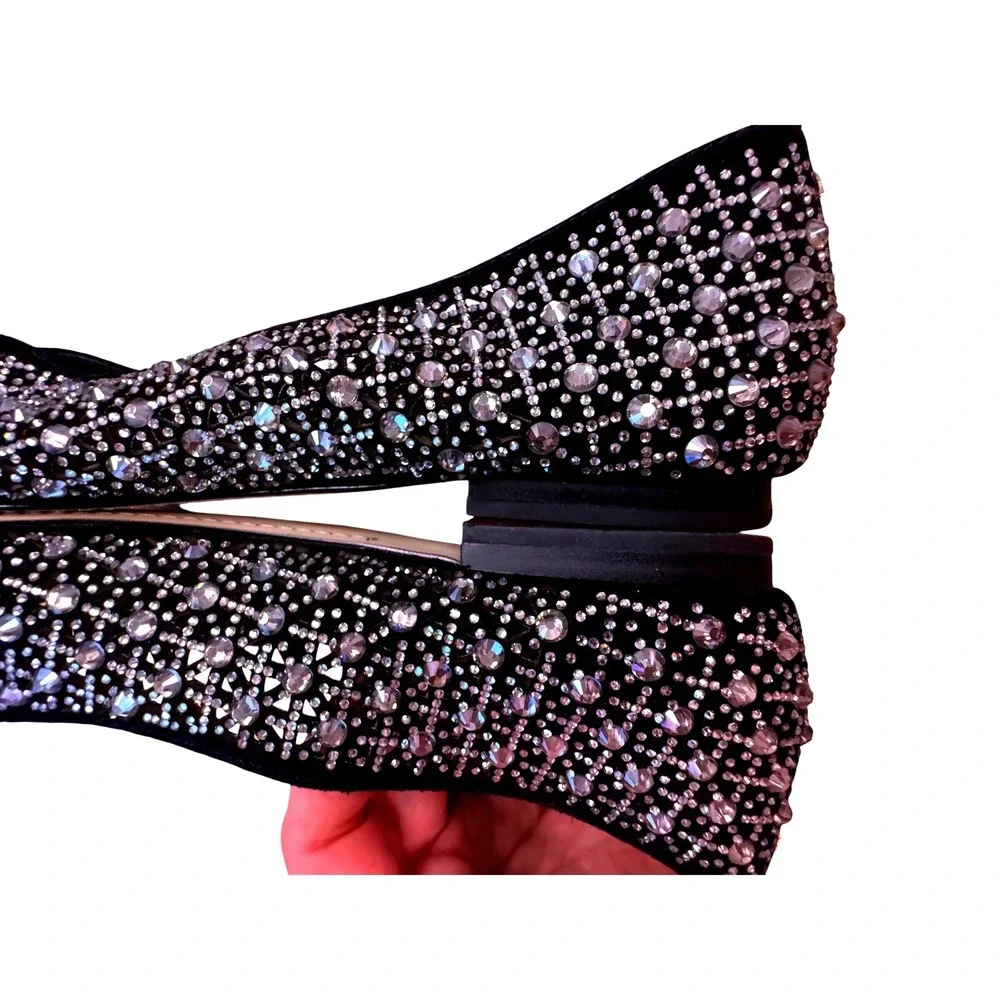 Birdies Swan Black Crystal Embellished Flats Rhinestone Leather Pointed Toe 9.5