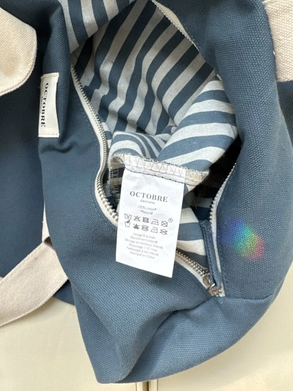 Sezane Octobre Editions vintage blue cotton canvas gym duffel bag white handles