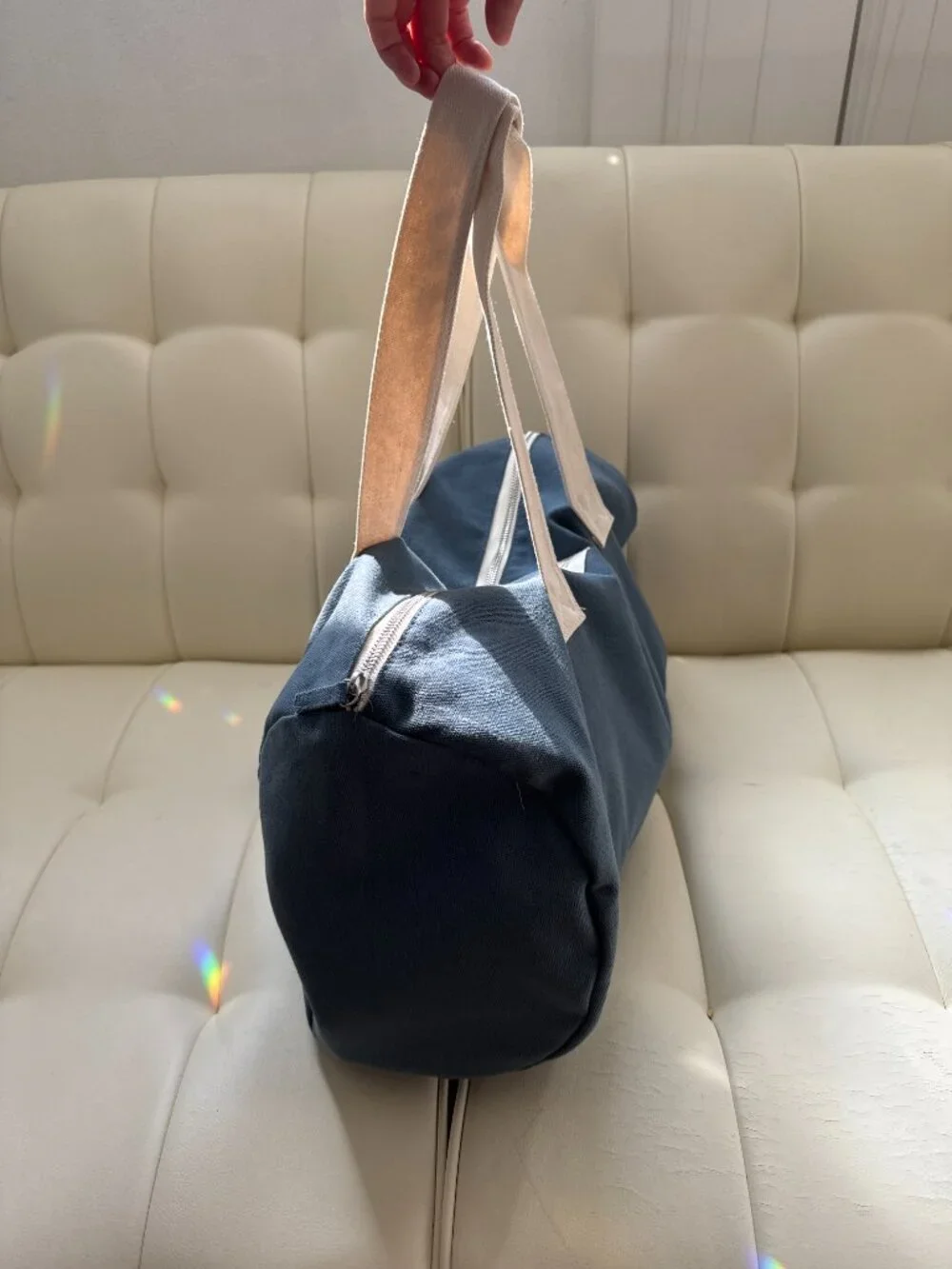 Sezane Octobre Editions vintage blue cotton canvas gym duffel bag white handles