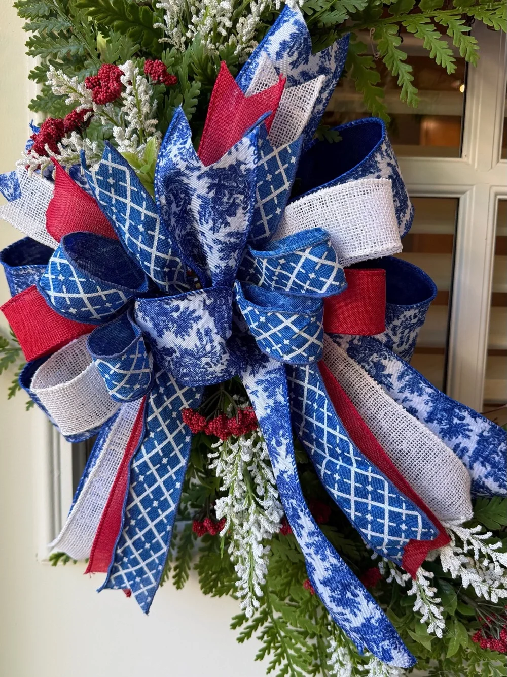 Festive Red, White & Blue Holiday Wreath Bow - Classic Toile and Pattern