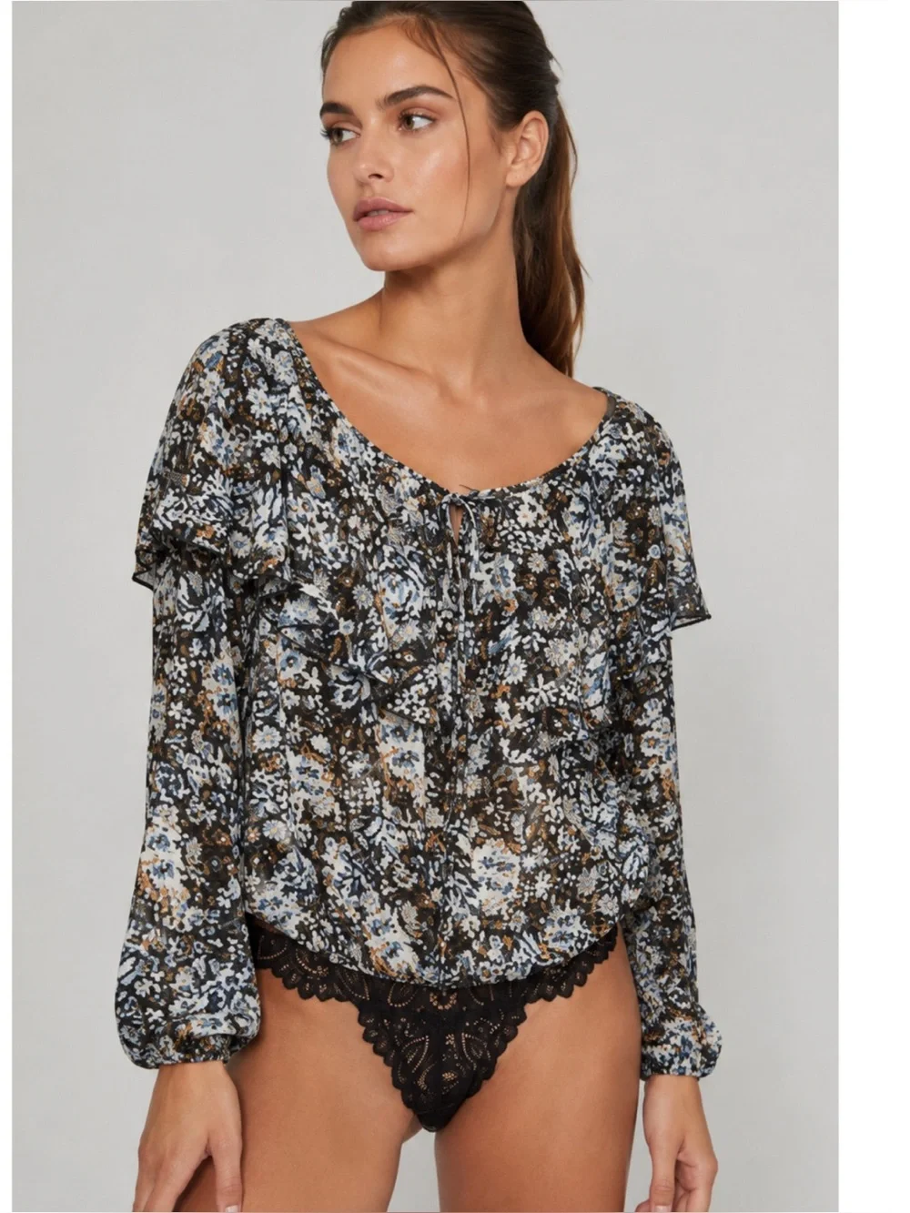 Free People Say It To Me Bodysuit Floral Lace Dolman Bell Sleeve