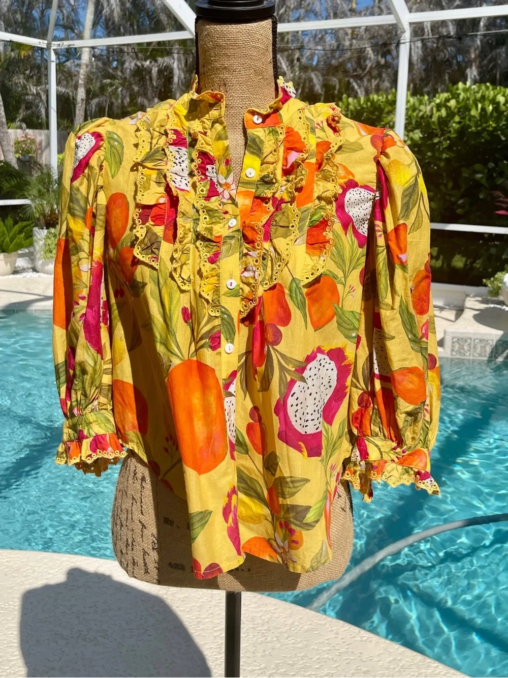 FARM Rio Yellow Tropical Ruffle‑Front Blouse - Size XS