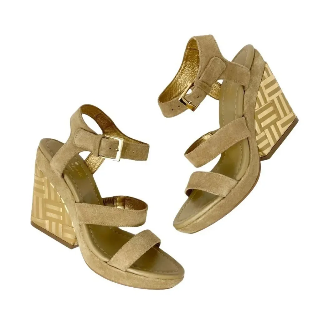 KATE SPADE New York Farryn Beige Gold Suede Geometric Wedge Espadrilles