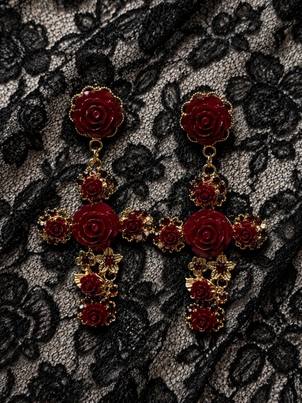 Victorian Gothic Rose Cross Earrings Red Gold Baroque Vampire NWT
