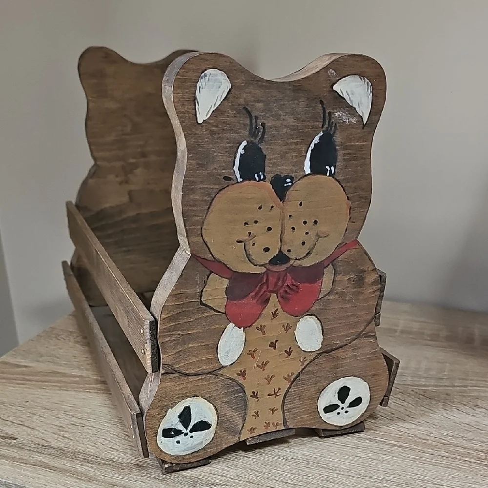 Hand-Painted Wooden Bear Organizer - Brown with Red Bow