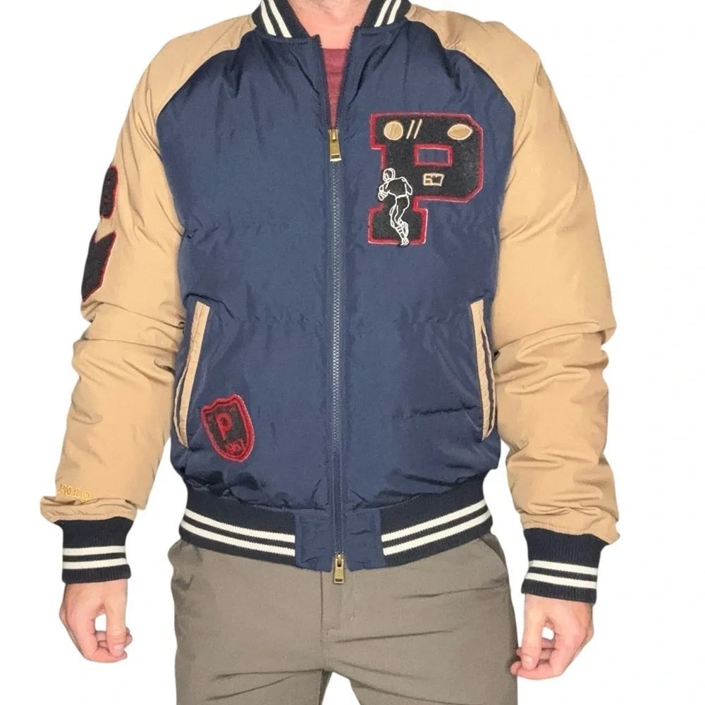 Polo Ralph Lauren Varsity Duck Down Puffer Bomber Jacket Size Medium Navy Blue