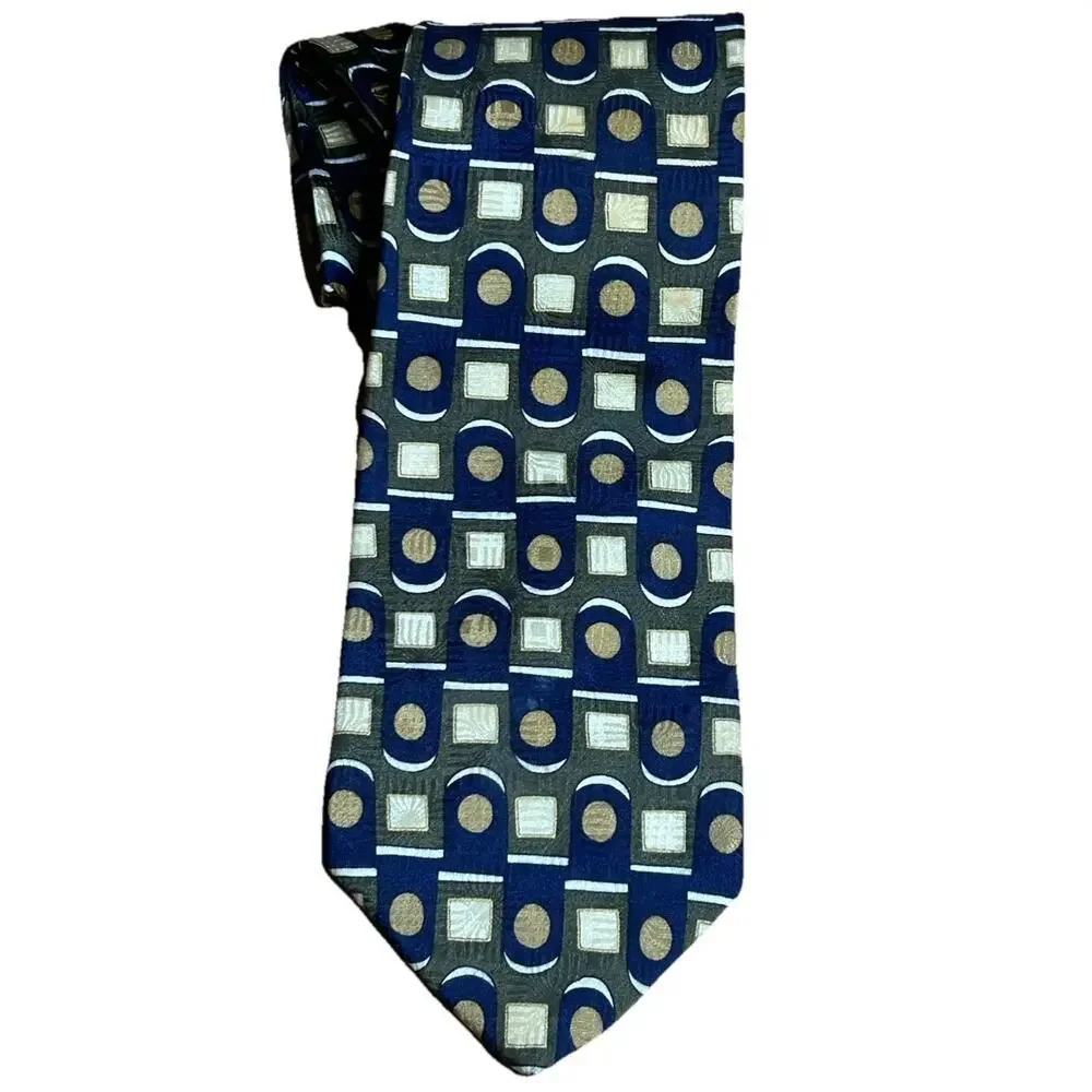 Vintage J. Riggins Silk Necktie Men's Blue Gold Geometric Abstract Art Deco USA