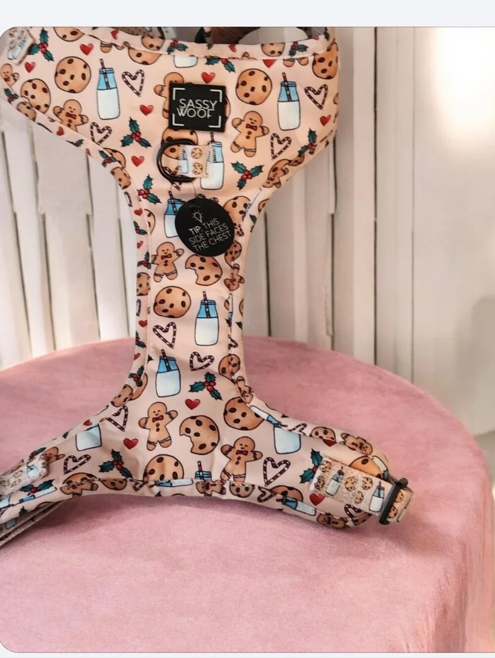 ● Firm■ Sassy Woof  Cookies Dog Harness - Cream with Print