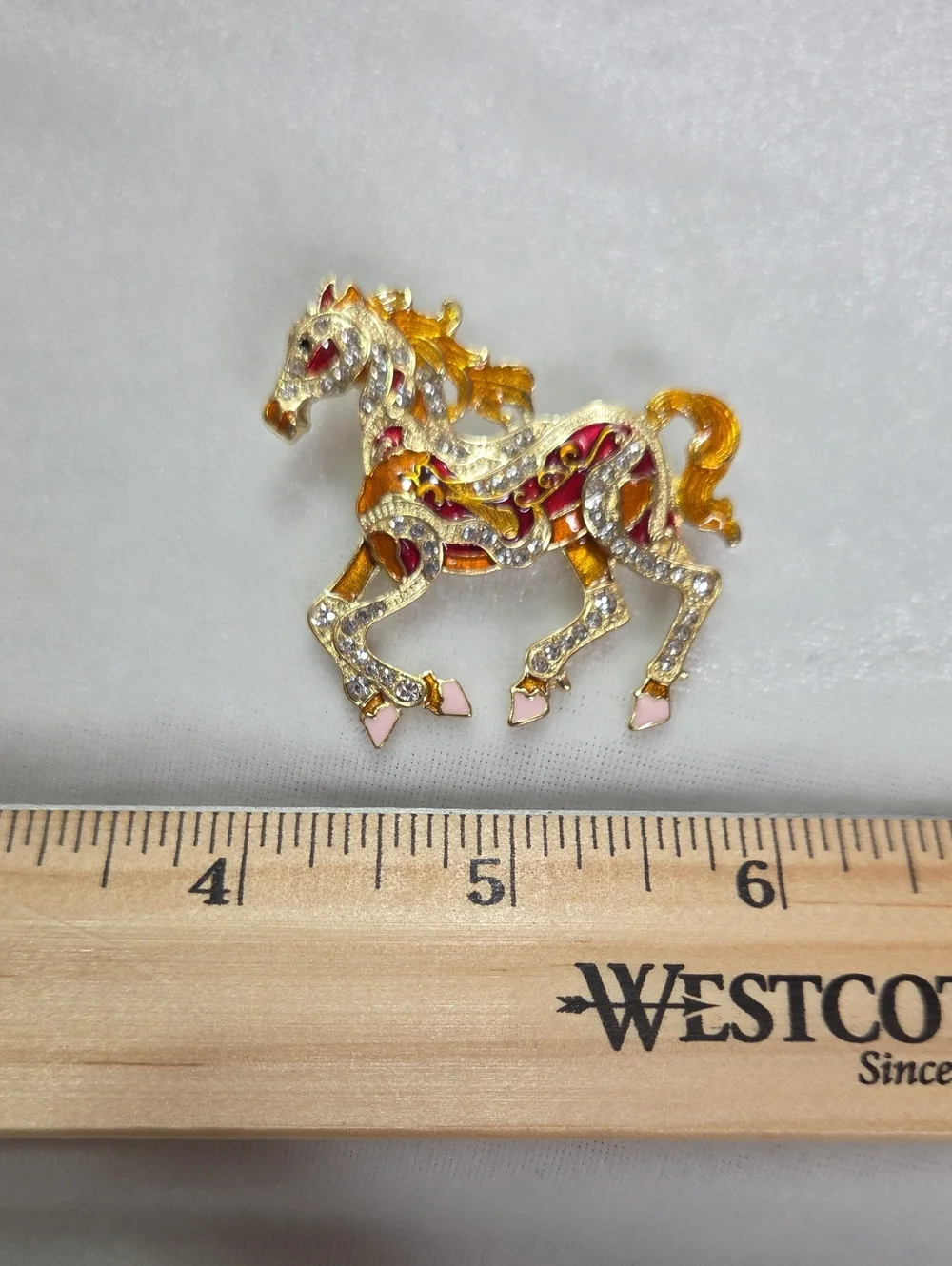 Women's Orange Red Horse Brooch Retro Style Pin Rhinestones Elegant Gold Tone