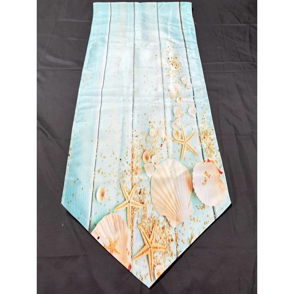 Coastal Beach Table Runner Blue Wood Plank Seashell Starfish Nautical Decor 70in