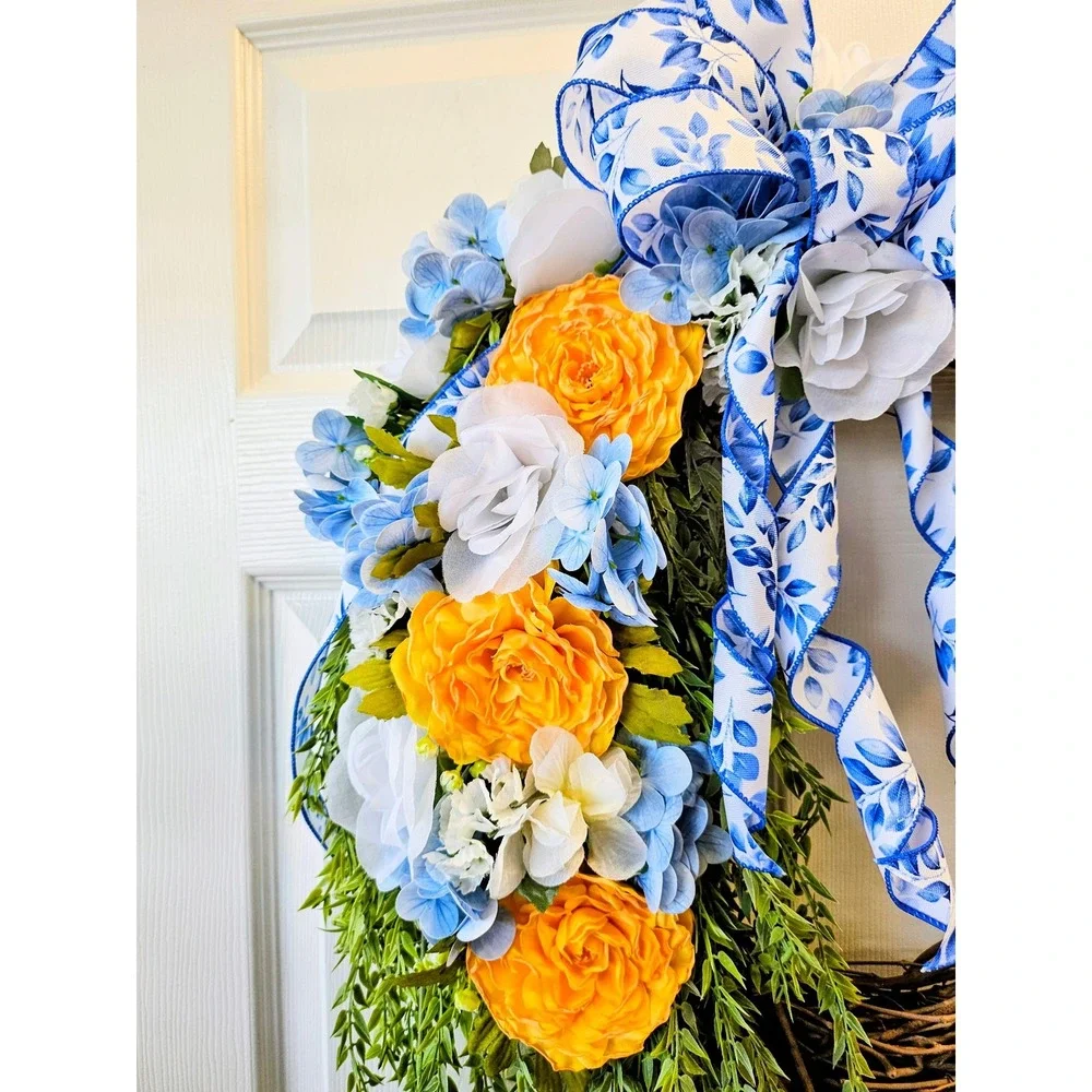 Hand Crafted Floral Grapevine Wreath 16 inch Yellow Ranunculus Blue Hydrangea