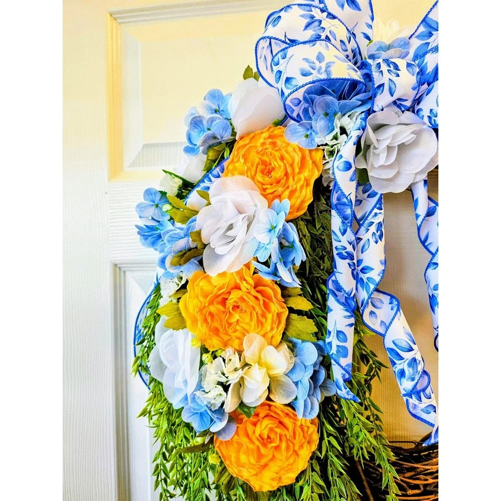 Hand Crafted Floral Grapevine Wreath 16 inch Yellow Ranunculus Blue Hydrangea