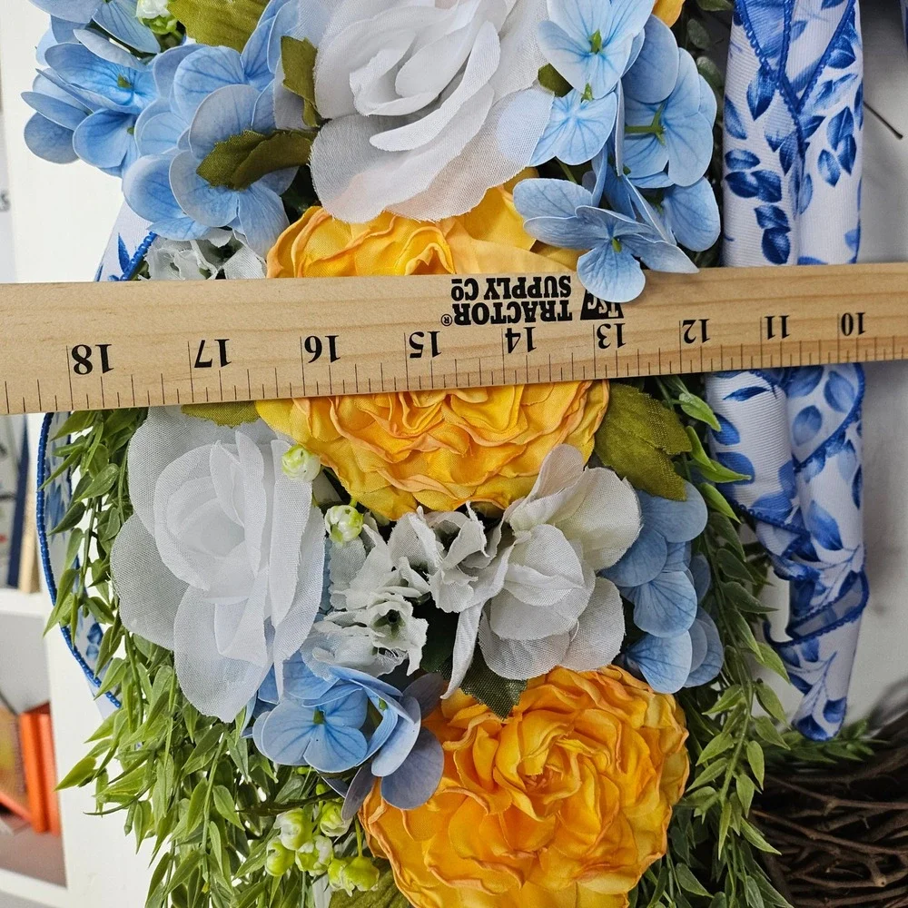Hand Crafted Floral Grapevine Wreath 16 inch Yellow Ranunculus Blue Hydrangea