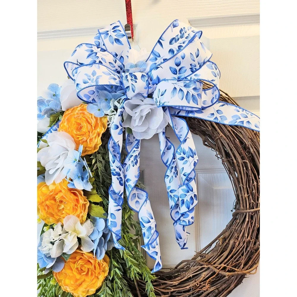 Hand Crafted Floral Grapevine Wreath 16 inch Yellow Ranunculus Blue Hydrangea