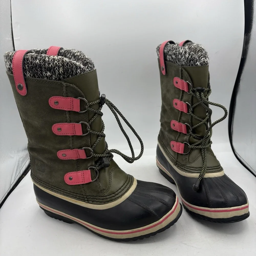 Sorel Winter Boots Girls Youth Size 6 Joan Of Arctic Olive Green Snow Pink Draw