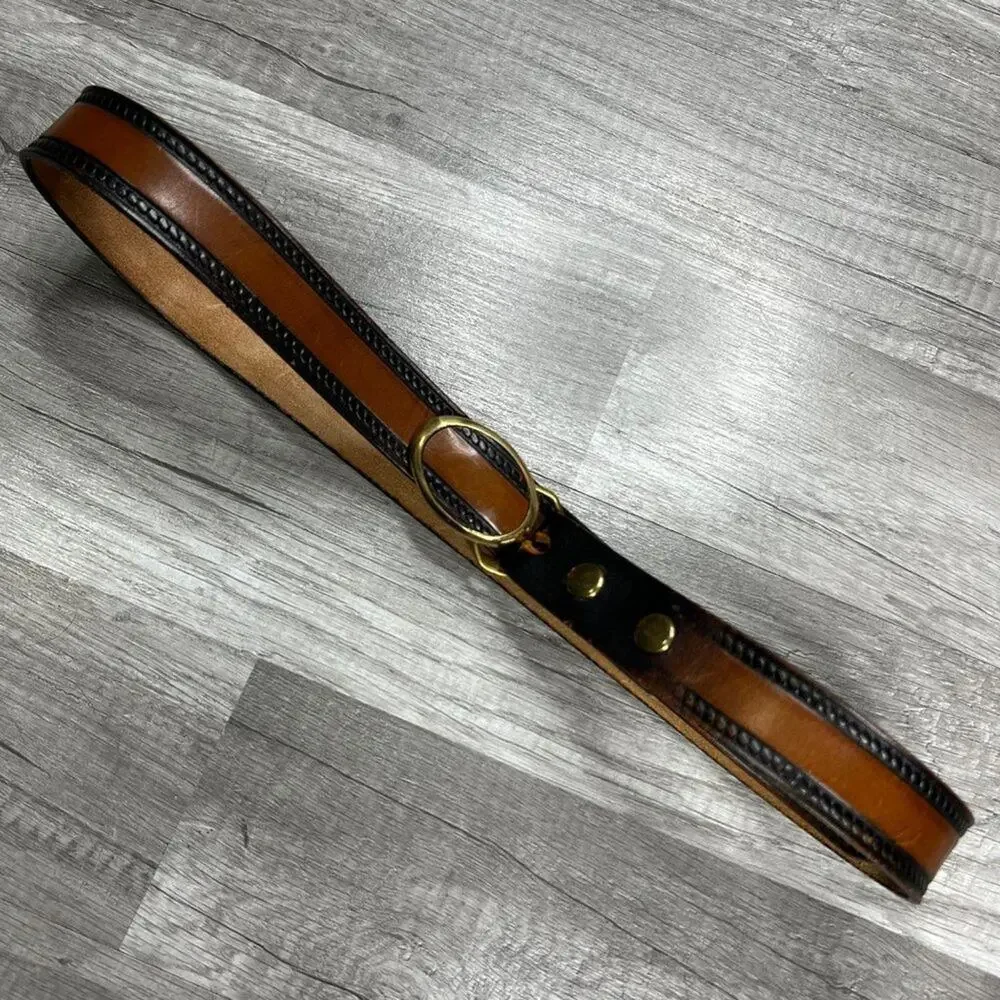 Vintage 80s Leather Brown Black Belt Baron Solid Bass Buckle