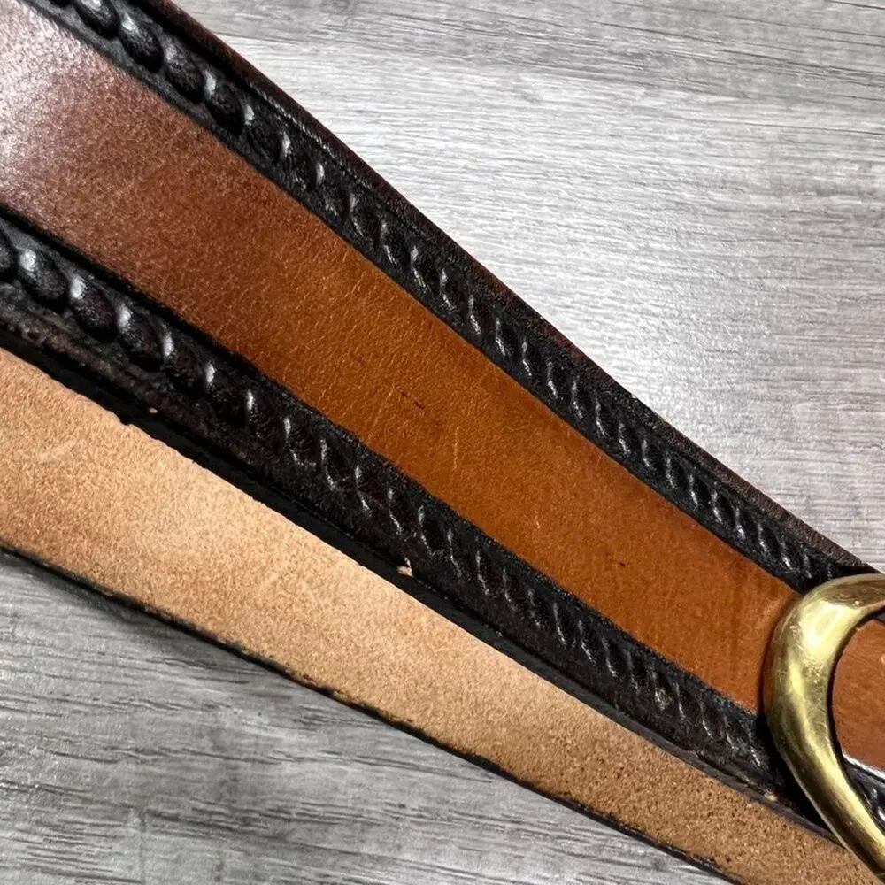 Vintage 80s Leather Brown Black Belt Baron Solid Bass Buckle