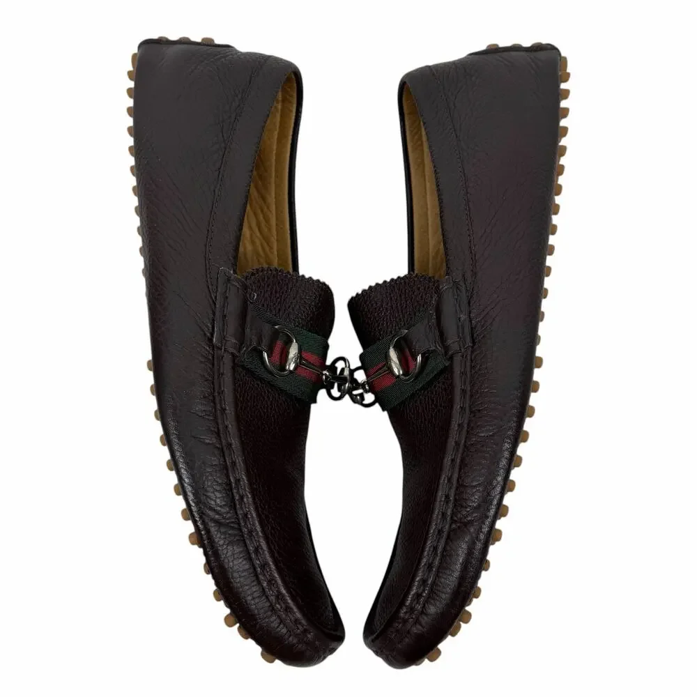 Gucci Horsebit Web Leather Driver Loafer Slip On Brown Size 10/ 10.5