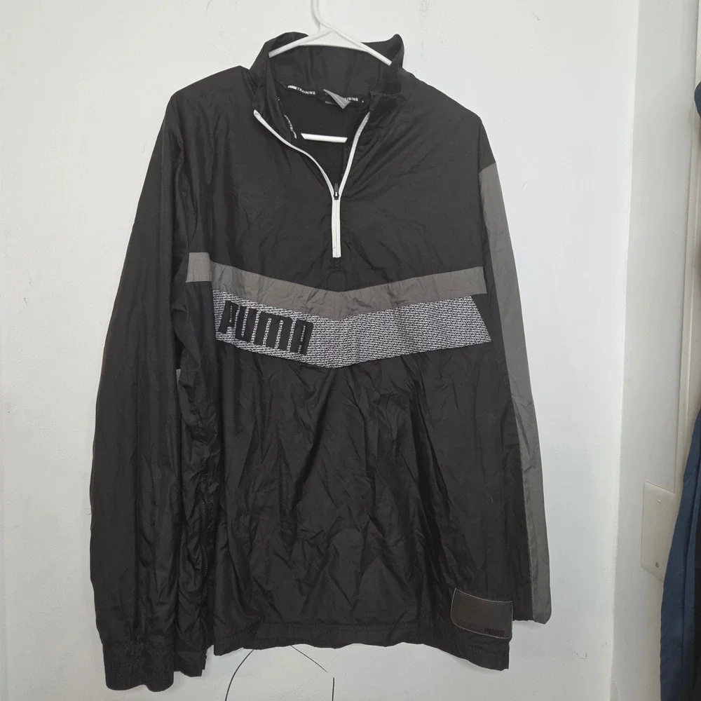 Puma Mens Training Quarter Zip Windbreaker Jacket Black Grey Logo Size Large