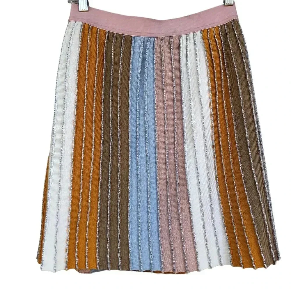 Anthropologie Eva Franco Knit Pastel Strips Mini Skirt  Metallic Accents Size S