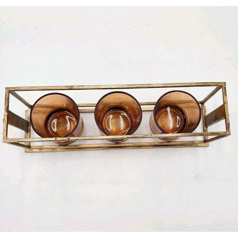 Rustic Triple Votive Tealight Candle Holder Aged Amber Glass In Brushed Bronze