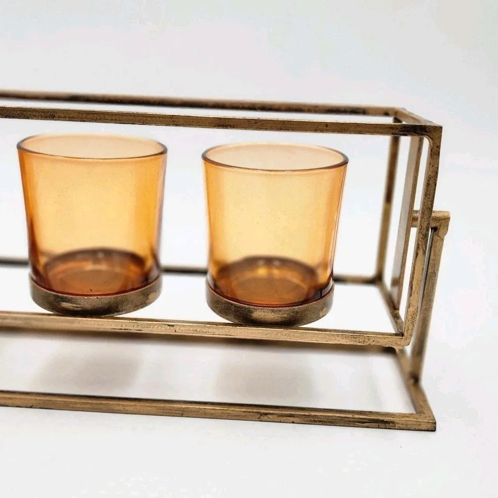 Rustic Triple Votive Tealight Candle Holder Aged Amber Glass In Brushed Bronze
