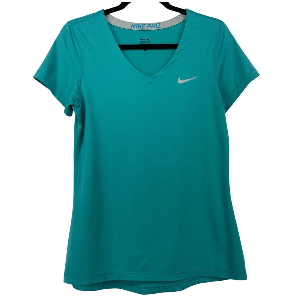 Nike Women Size Large Pro DRI-FIT T-Shirt Teal V-Neck Short‎ Sleeve Athletic Top