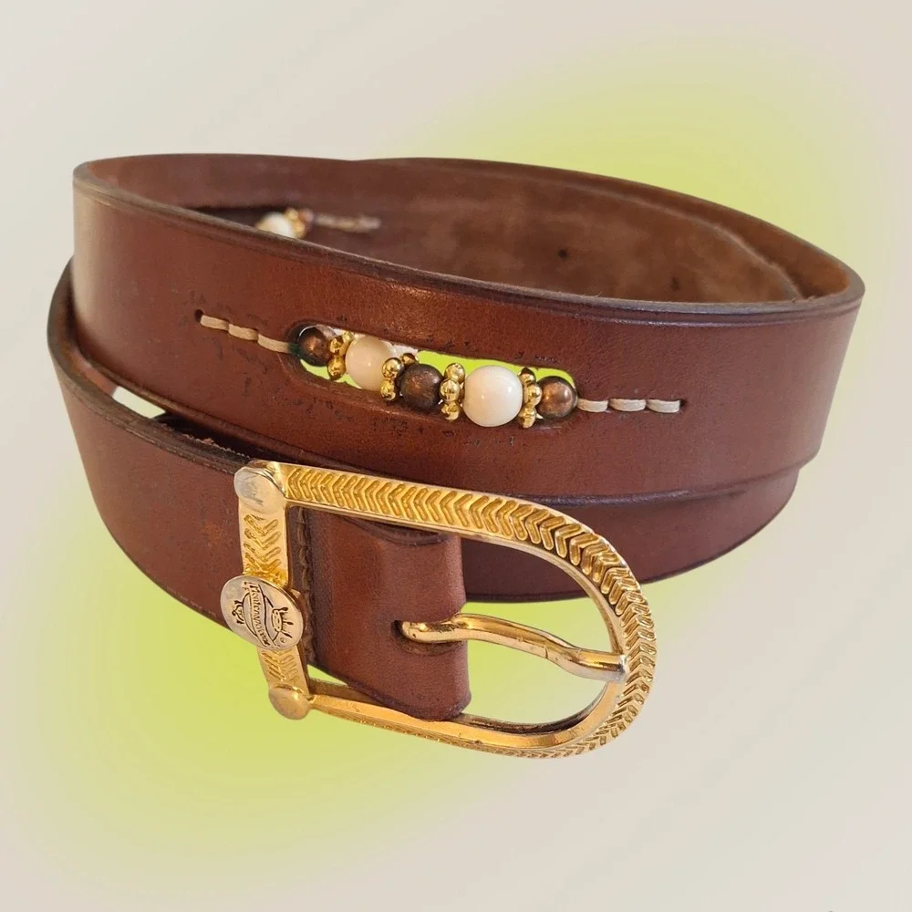 Vintage Tan Leather‎ Boho Western Belt with Gold /Silver Buckle and Accent Beads