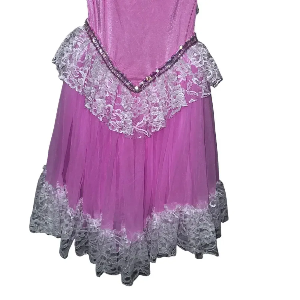 Vintage pink nylon lace kids dance dress sz L