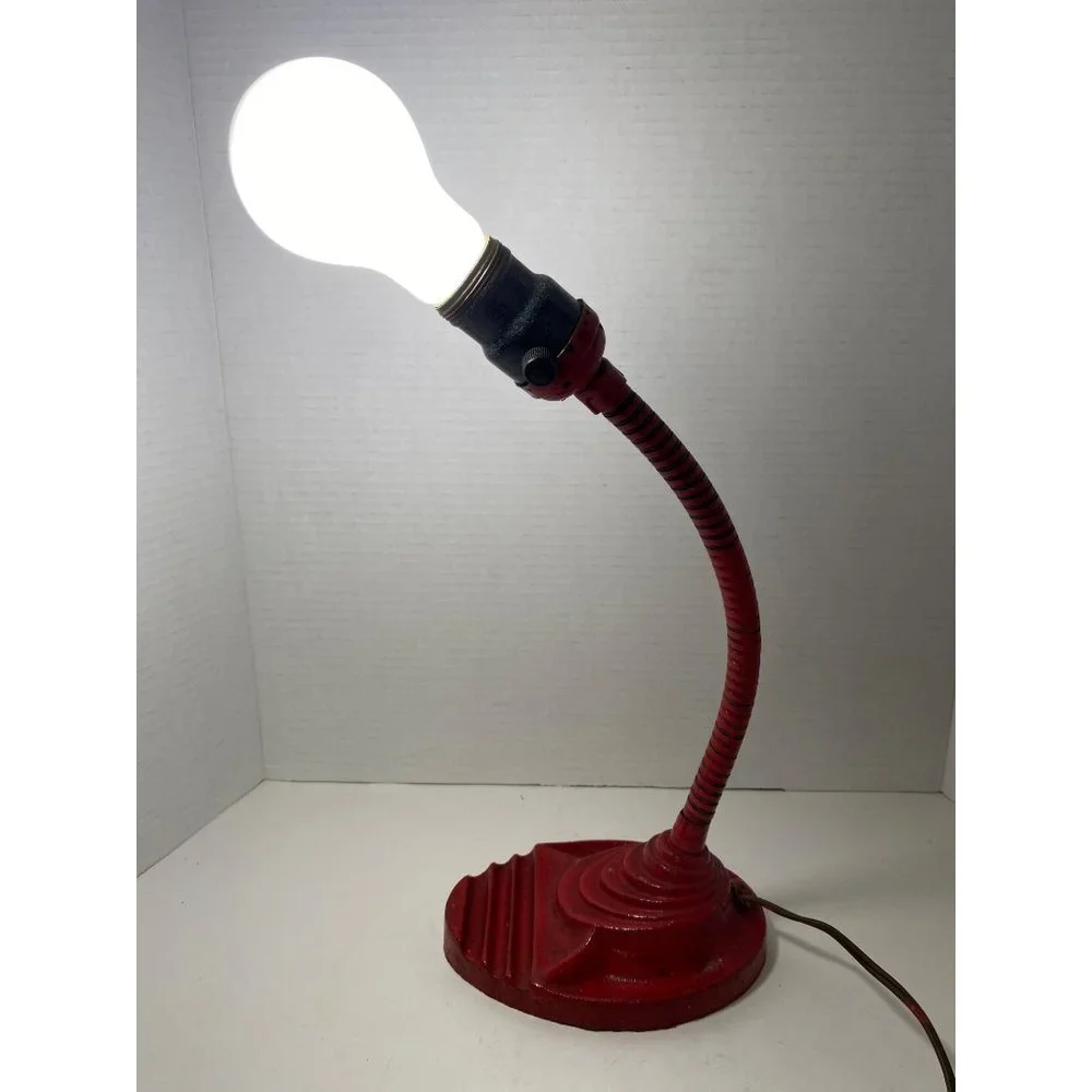 Industrial Art Deco‎ red desk lamp cast iron gooseneck no shade 13