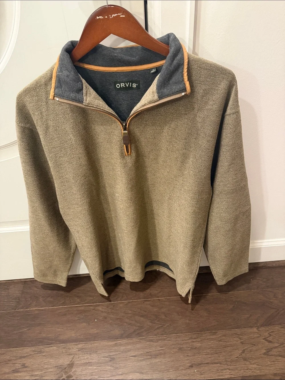 Orvis Olive Green Zip-Up Sweater with Charcoal Collar and Tan Trim