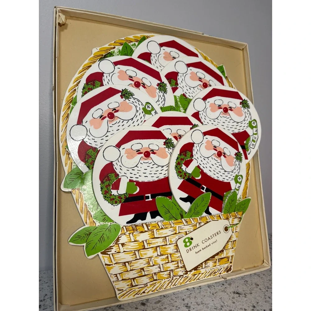 Vintage Santa Claus Drink Coasters 8 Piece Set Foam Backed Vinyl Christmas