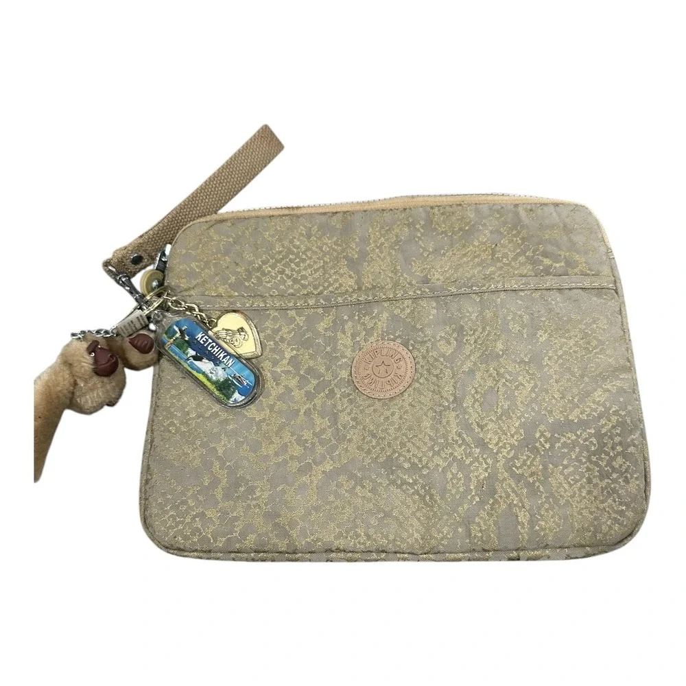 KIPLING Gold Snakeskin Padded Velvet Lining iPad Tablets Zip Case w Monkey Charm