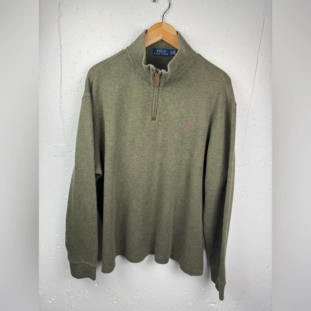 Polo Ralph Lauren Men’s‎ Olive Green 100% Cotton 1/4 Zip Sweater Purple Pony XL