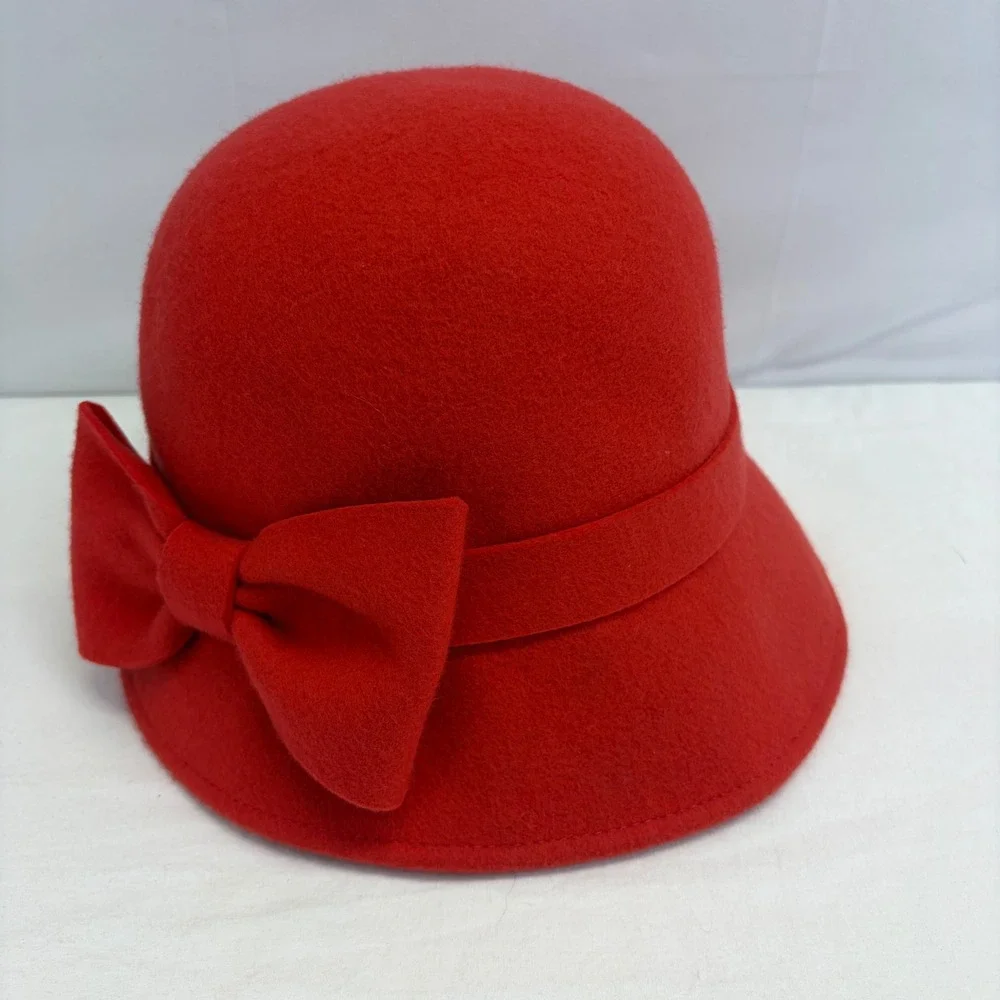 Kate Spade New York Wool Felt 1920s style Cloche Bucket Hat Red Bow