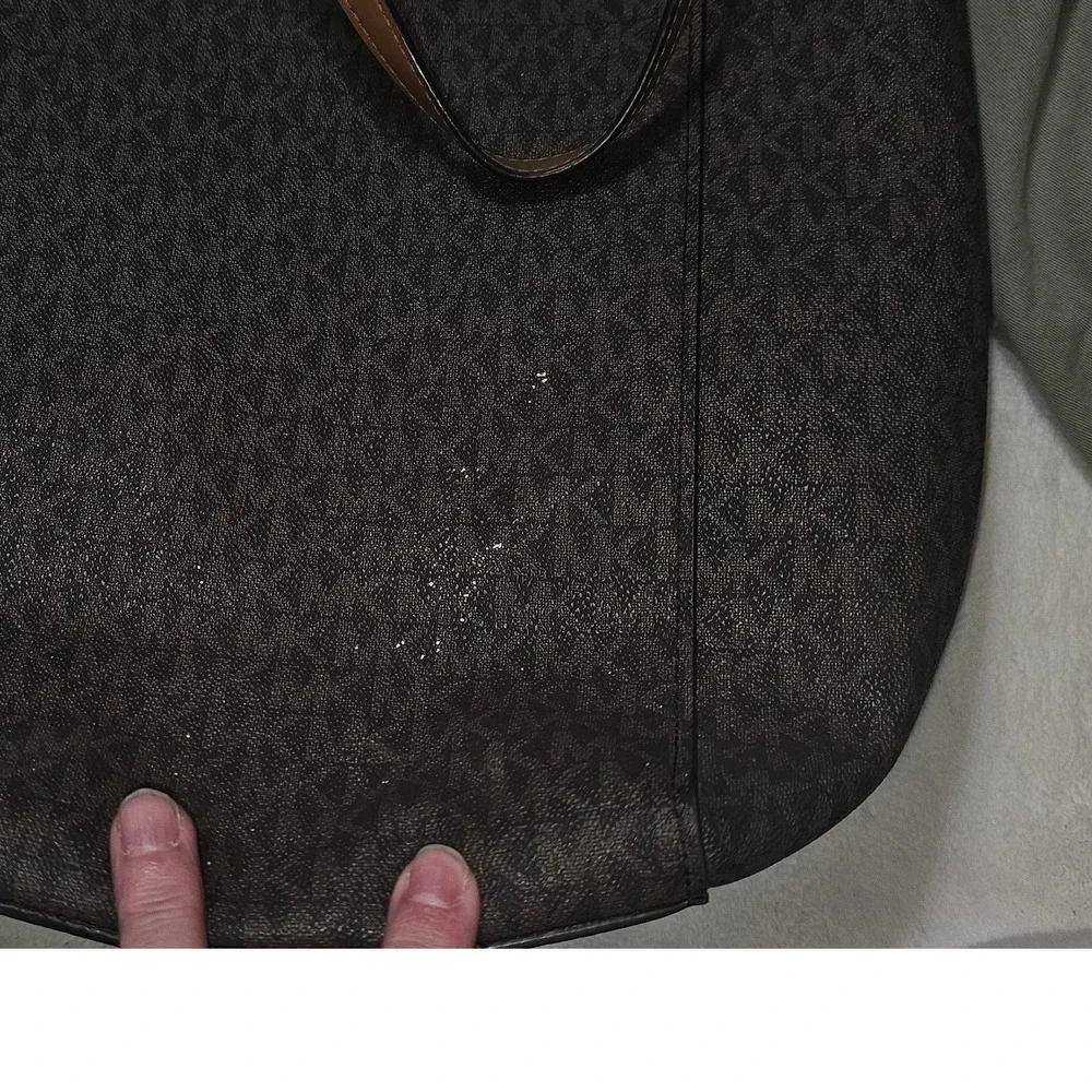 Michael Kors Signature Logo Tote Bag Brown Monogram Leather Trim Shopper Handbag