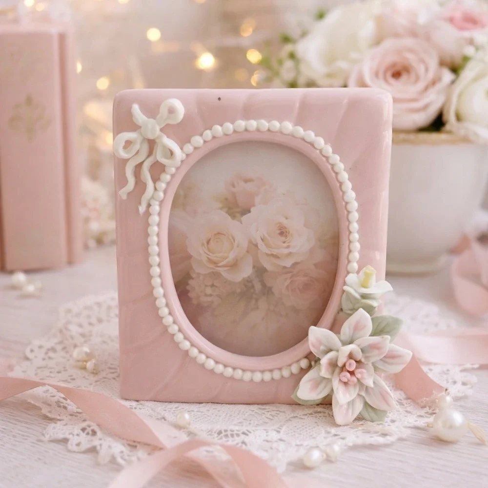 Vintage‎ Pink Ceramic Mini Photo Frame Floral Bow Cottagecore Decor 4x4