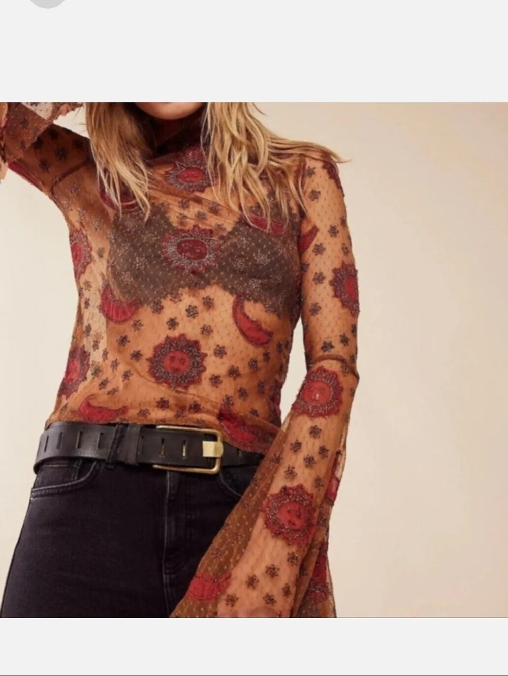 RARE! Free People Sun Moon & Stars Beaded Sheer Top Stretch xs